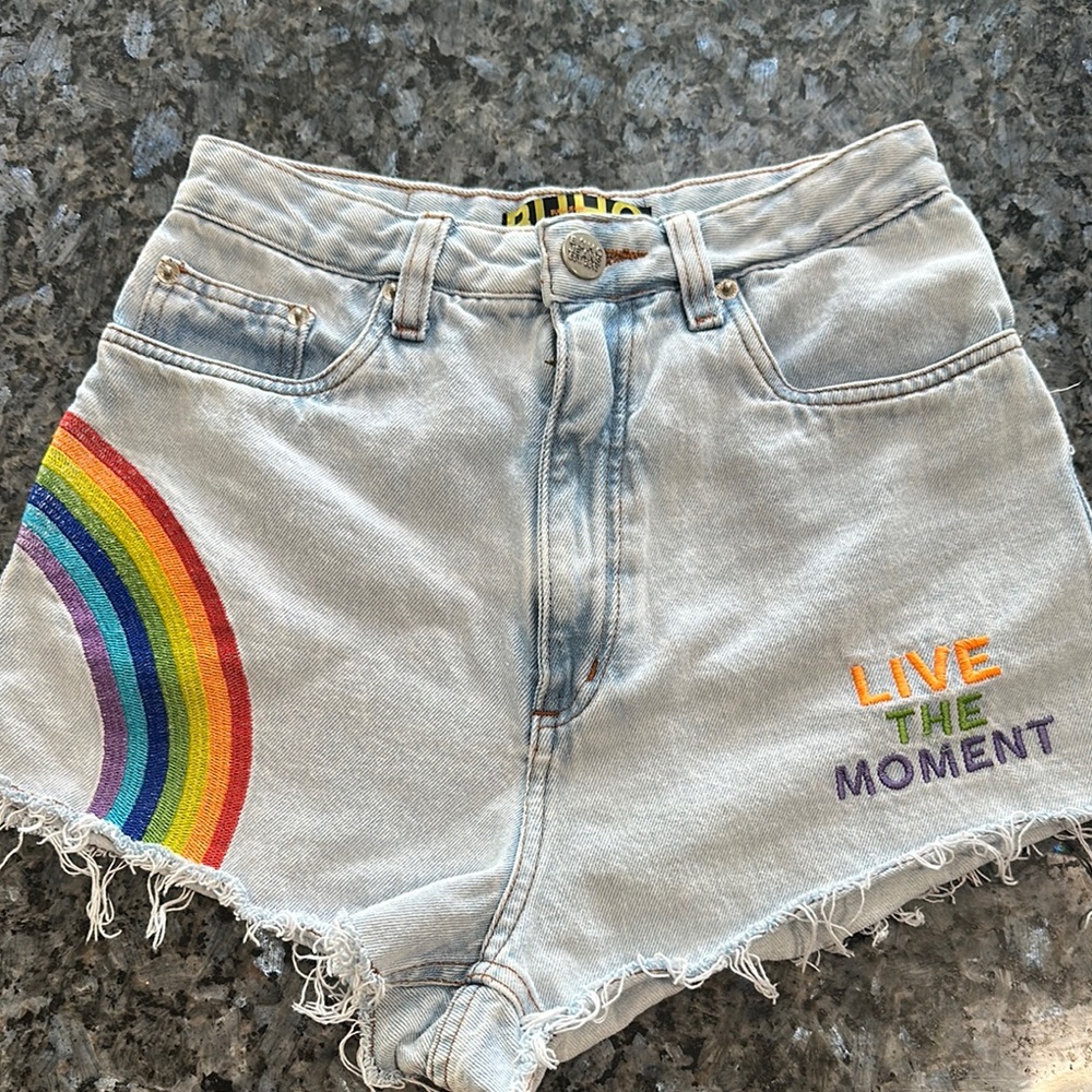 Women's Light Blue Jean Shorts with Rainbow Embroidery